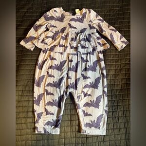 Kate Quinn long sleeve ruffle jumpsuit | purple bat | 3-6m